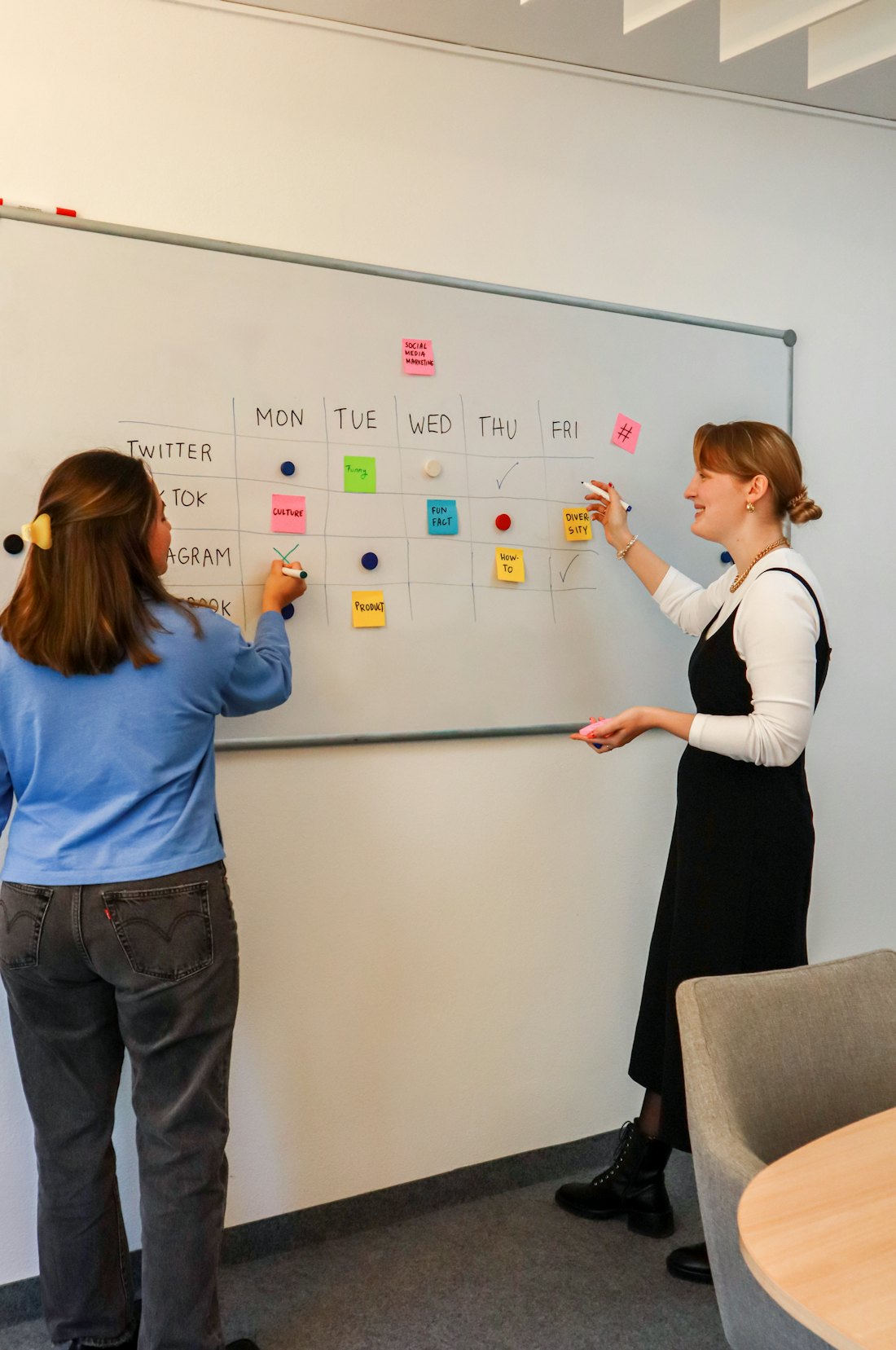 Two engineers mapping a system across a wall of notes.
