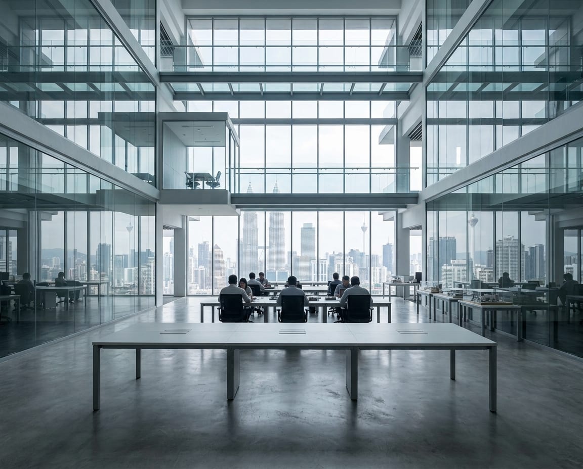 The open floor of the office, with the city visible through full height glass.